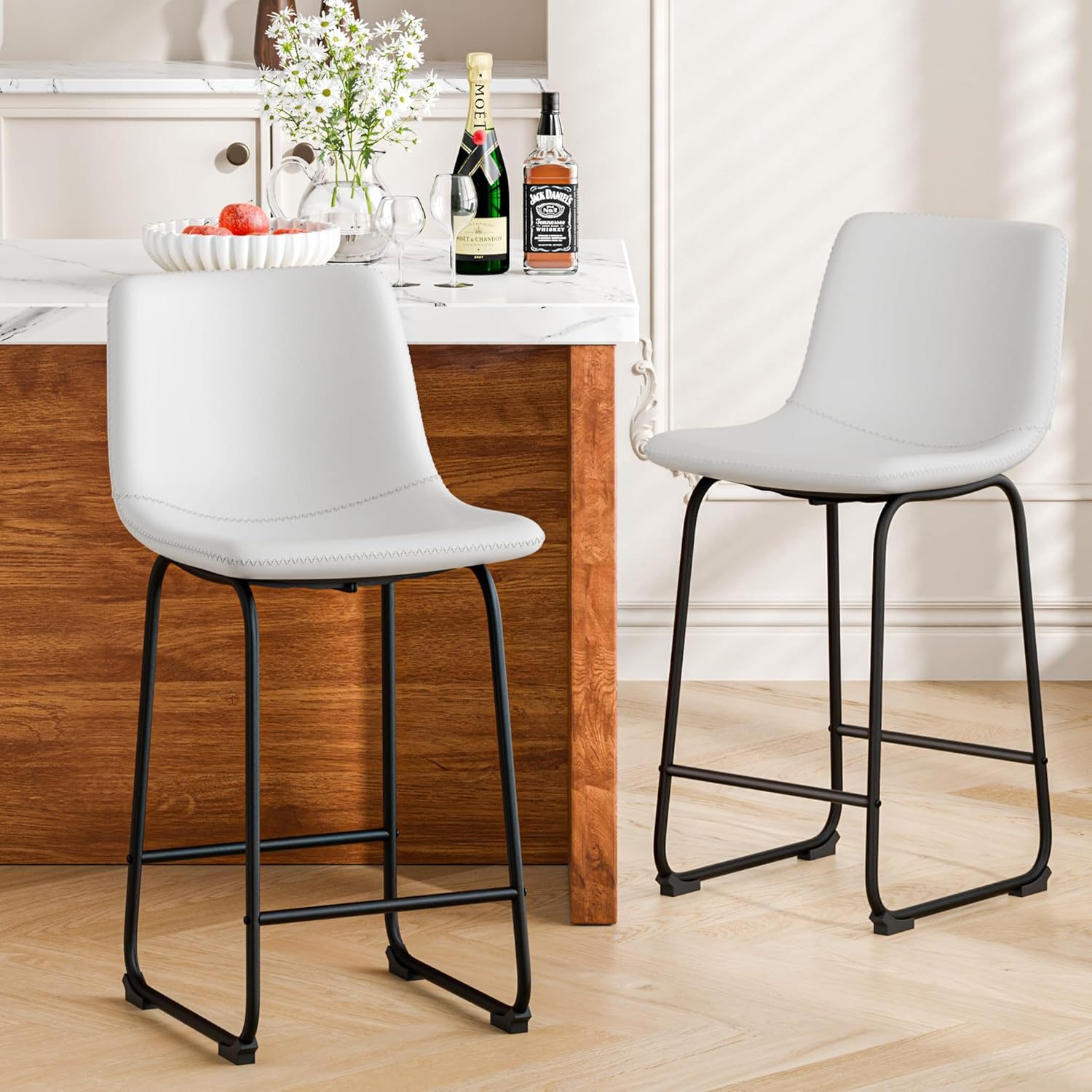 Bar Stools Set of 2, 26inches Counter Height Barstools with Back, Modern Bar Stool for Kitchens Island, Faux Leather Bar Chairs with Metal Legs and Footrest (White)