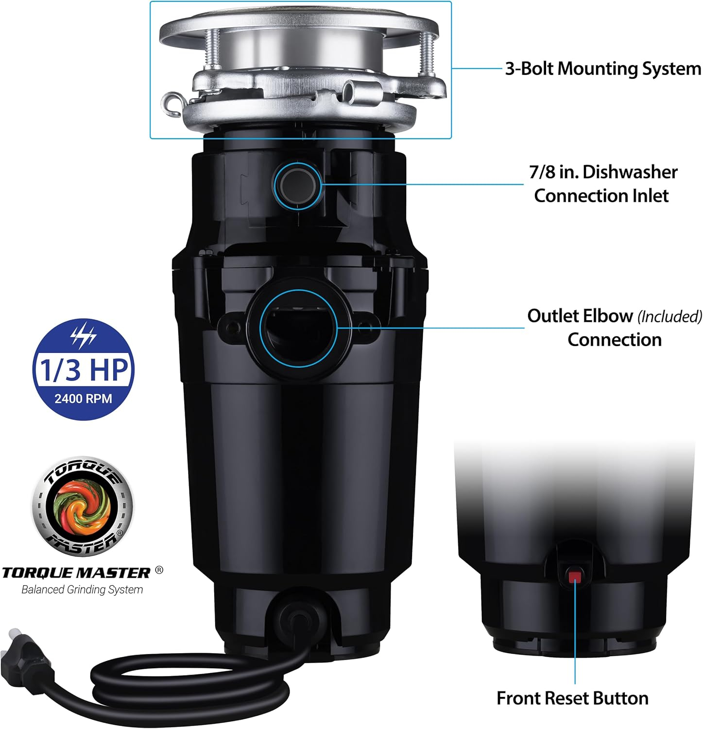 Waste Maid 1/3 HP Continuous Feed Corded Garbage Disposal 10-US-WM-048-3B