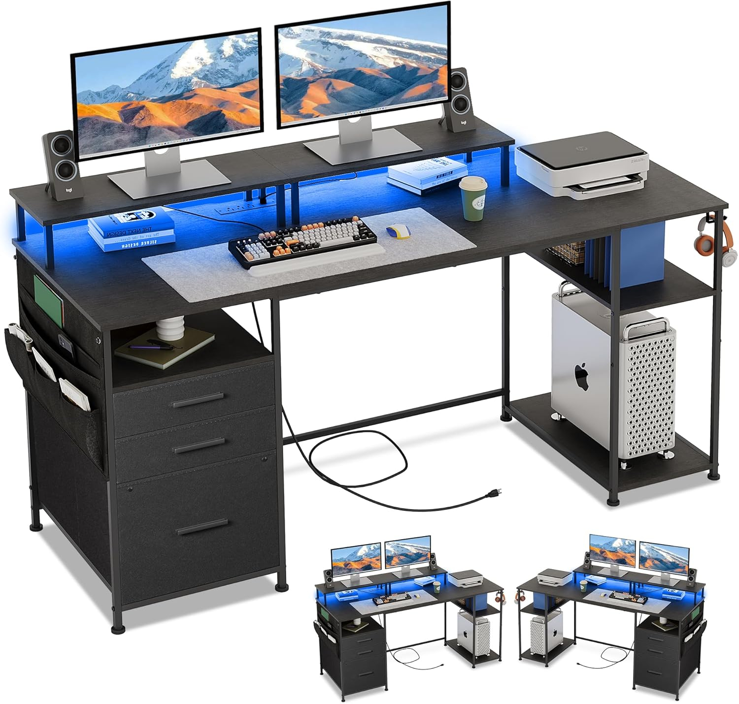 Computer Desk with 3 File Cabinet Drawers, 57.8'' Reversible Gaming Desk with LED Lights and Power Outlets, Office Desk with Storage Shelves and Dual Monitor Stand for Home & Office (Black)