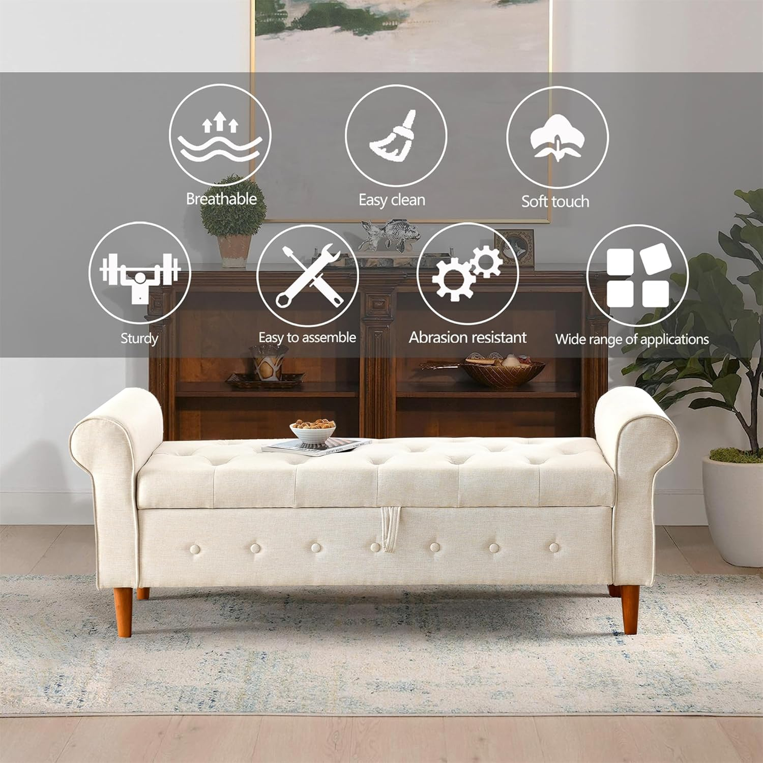 62"" Bedroom Tufted Button Storage Bench, Long Linen Upholstered Storage Ottoman Bench with Rolled Armrest, End of Bed Bench, Window Bench for Bedroom, Living Room, Entryway (Beige), 1