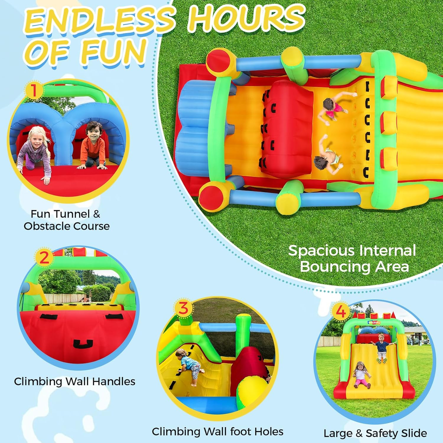 Whubefy Bounce House for Big Kids 8-12, 18 x 8.2FT Kids 3-6 Inflatable Obstacle Course w/Dual Tunnels, Large Slide, Climbing, Obstacles and Bounce Area Castle for Birthday Party, Fun Racing Game