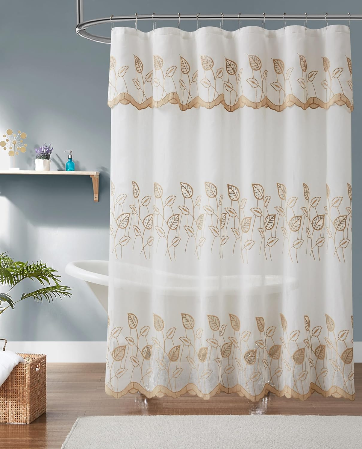 Gold and White Leaf Embroidered Fabric Shower Curtain with Valance, 72" x 72"