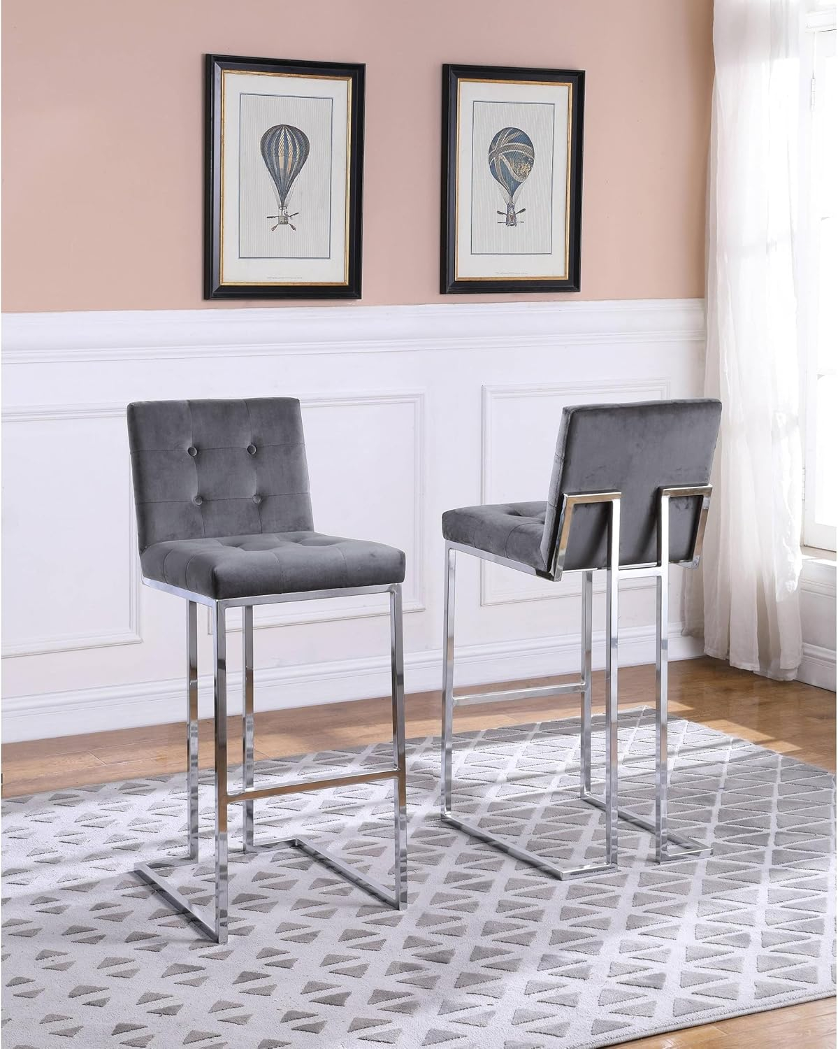 Barstools with Tufted Seats in Teal Blue Velvet and Chrome Legs (Set of 2)