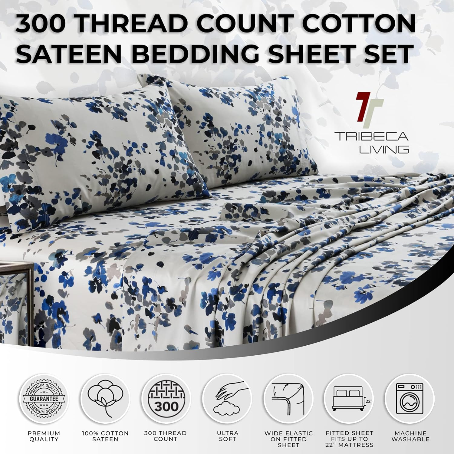 Tribeca Living Tribeca Living Printed 300 Thread Count Sheets 100% Cotton Floral Sheet Set