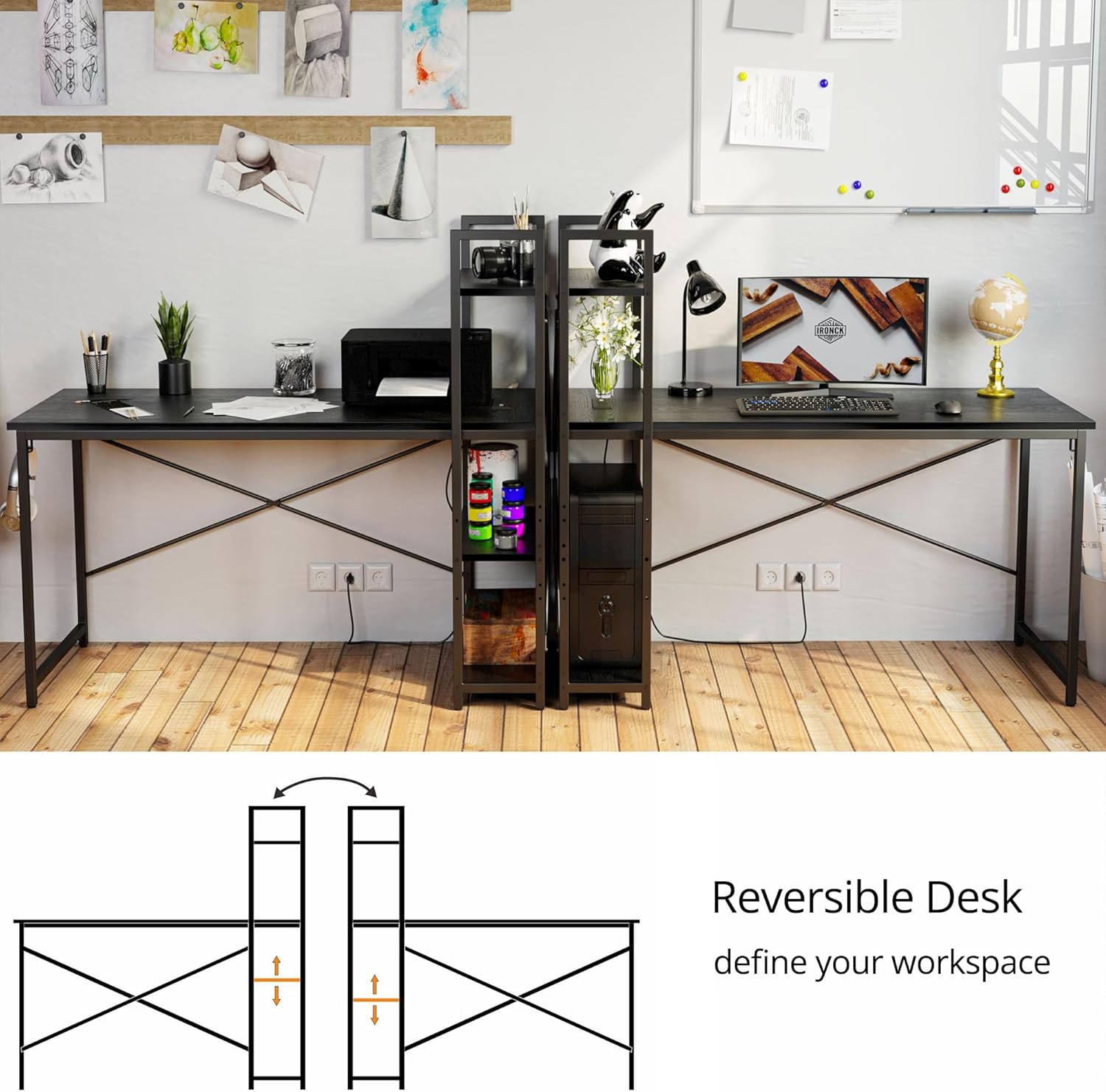 IRONCK Computer Desk 47" with Power Outlet and Storage Shelves, Study Writing Table with USB Ports Charging Station, PC Desk Workstation for Home Office, Black