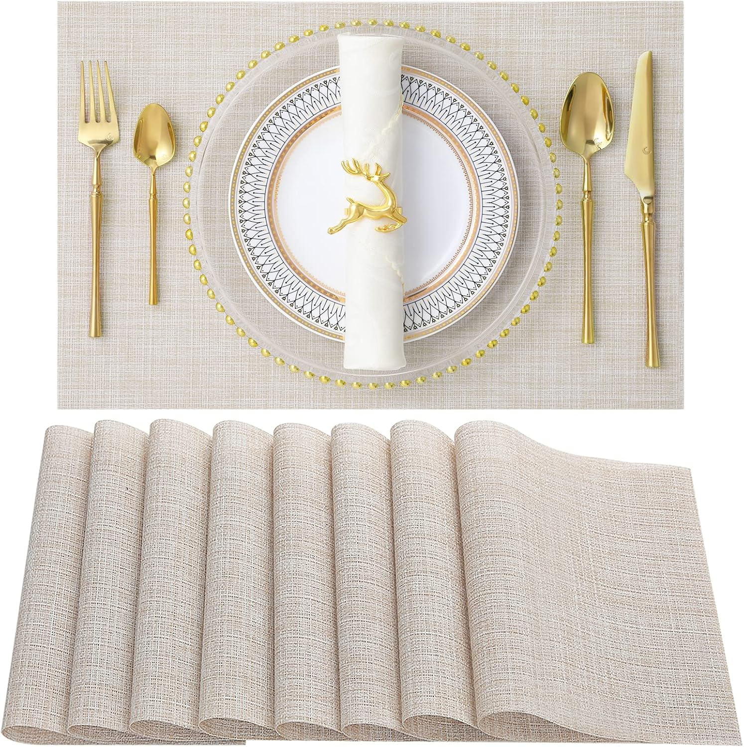 Set of 8 Heat-Resistant Placemats Stain Resistant Anti-Skid Placemats for Kitchen Table, Washable Durable PVC Table Mats Woven Vinyl Placemats Beige