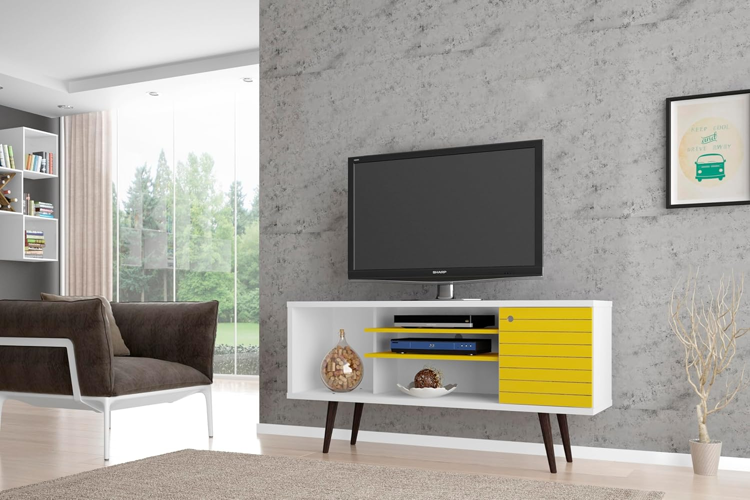 Manhattan Comfort Liberty 53" Mid Century Modern TV Stand Table, White/Yellow