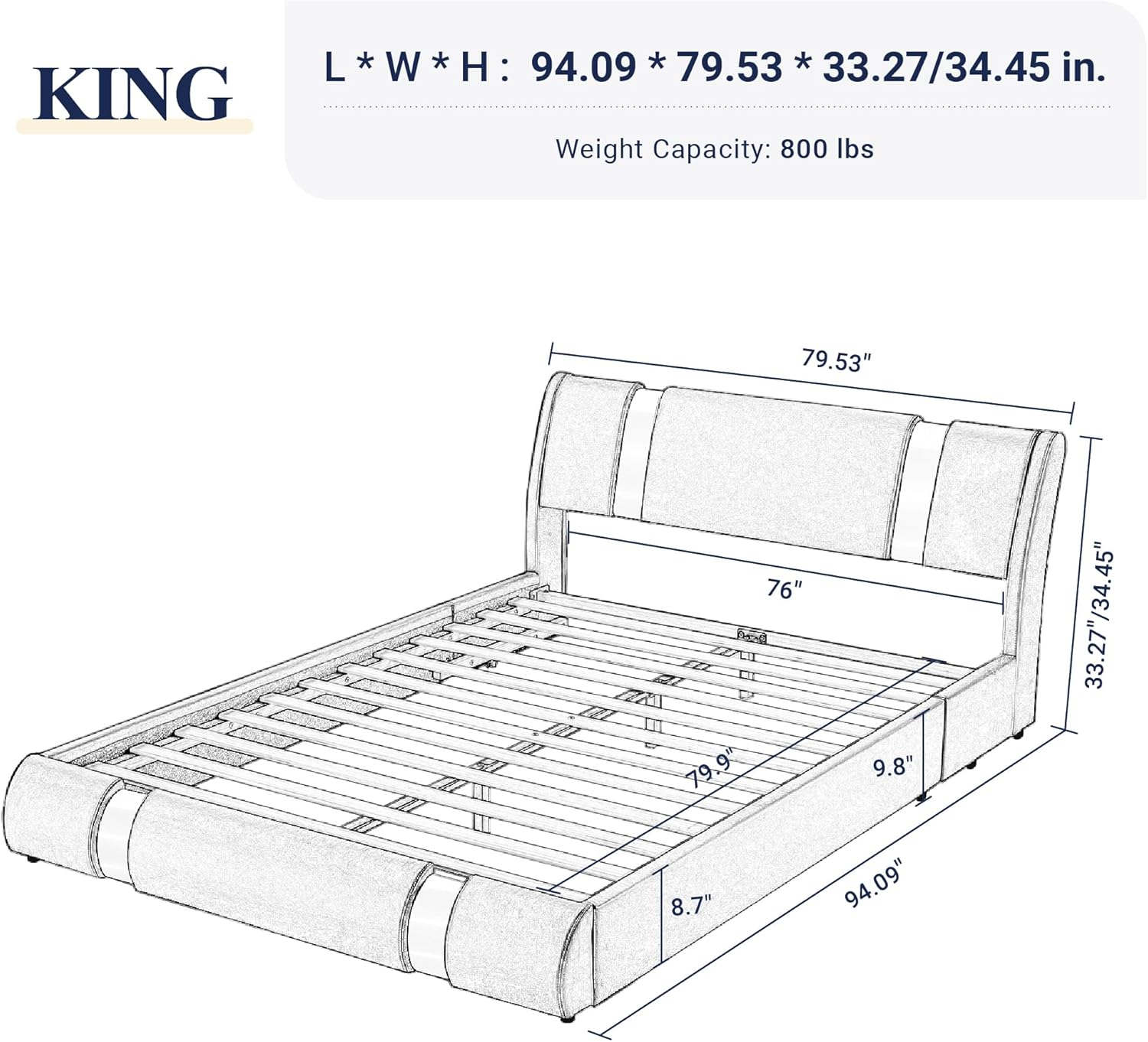 Allewie King Size Bed Frame with Iron Piece Decor, Faux Leather Upholstered Platform Bed with Curved Adjustable Headboard, Wooden Slats Support, No Box Spring Needed, Modern Black