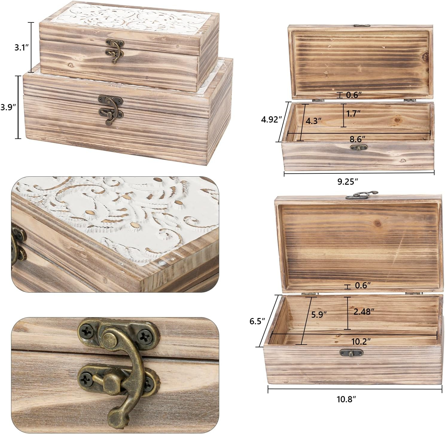 Wooden Box Set of 2 - Rustic Farmhouse Decorative Boxes with Hinged Lid and Carved Design