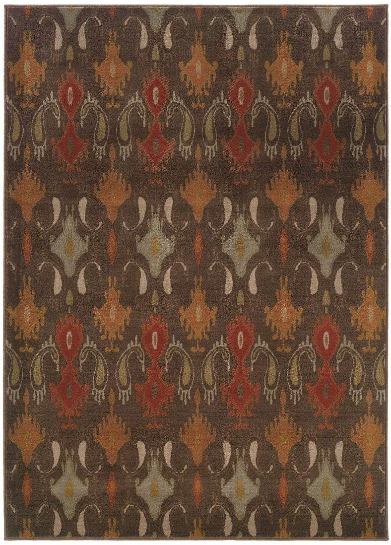 Ivory and Brown Ikat Print Synthetic Area Rug