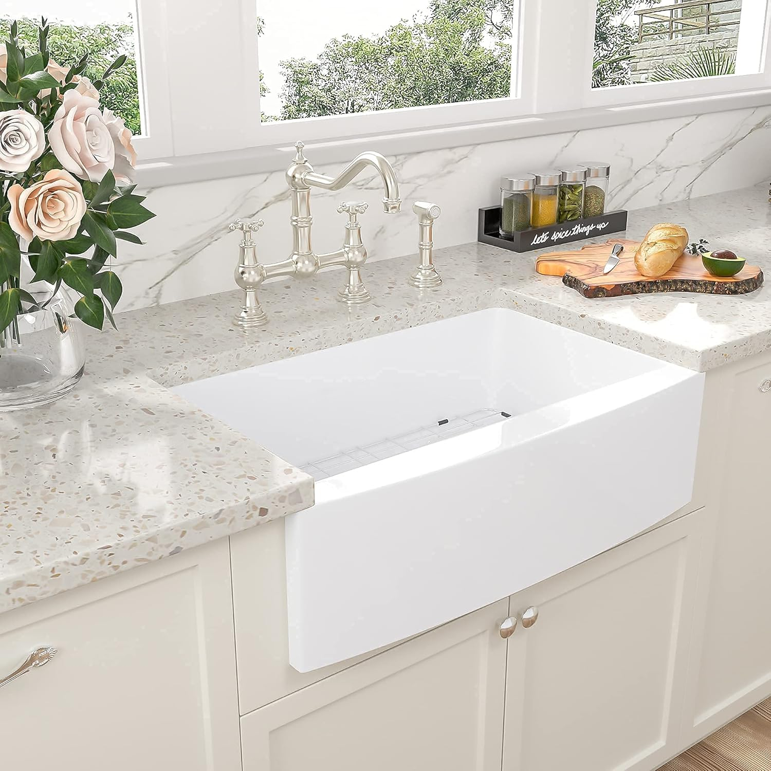 Sarlai 30 Farmhouse Sink White - 30 Inch Kitchen Sink Curved Apron Front White Fireclay Ceramic Porcelain Single Bowl Farm Kitchen Sinks