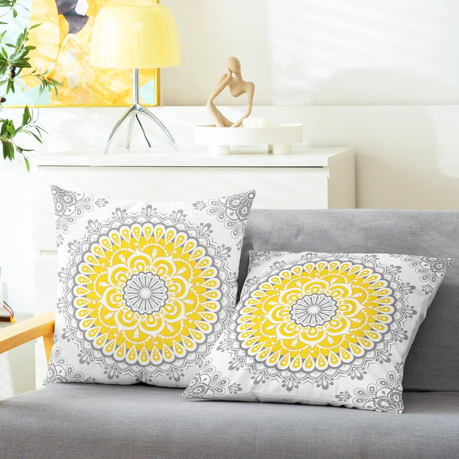 CaliTime Throw Pillow Covers Pack of 2 Cozy Fleece Mandala Dahlia Floral Medallion Compass Style Cushion Cases for Couch Bed Sofa Farmhouse Decoration 18 X 18 Inches Yellow Grey