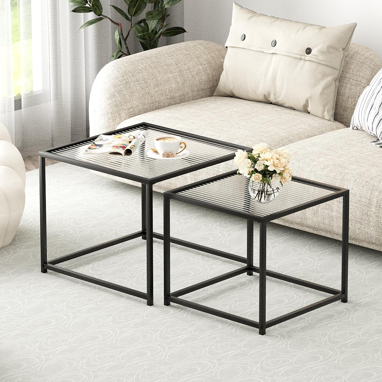VILAWLENCE Coffee Table Set of 2, Modern Black Patterned Glass Side Table, Metal Frame Square End Table, Center Tables Nesting Coffee Table for Living Room,Bedroom and Small Spaces