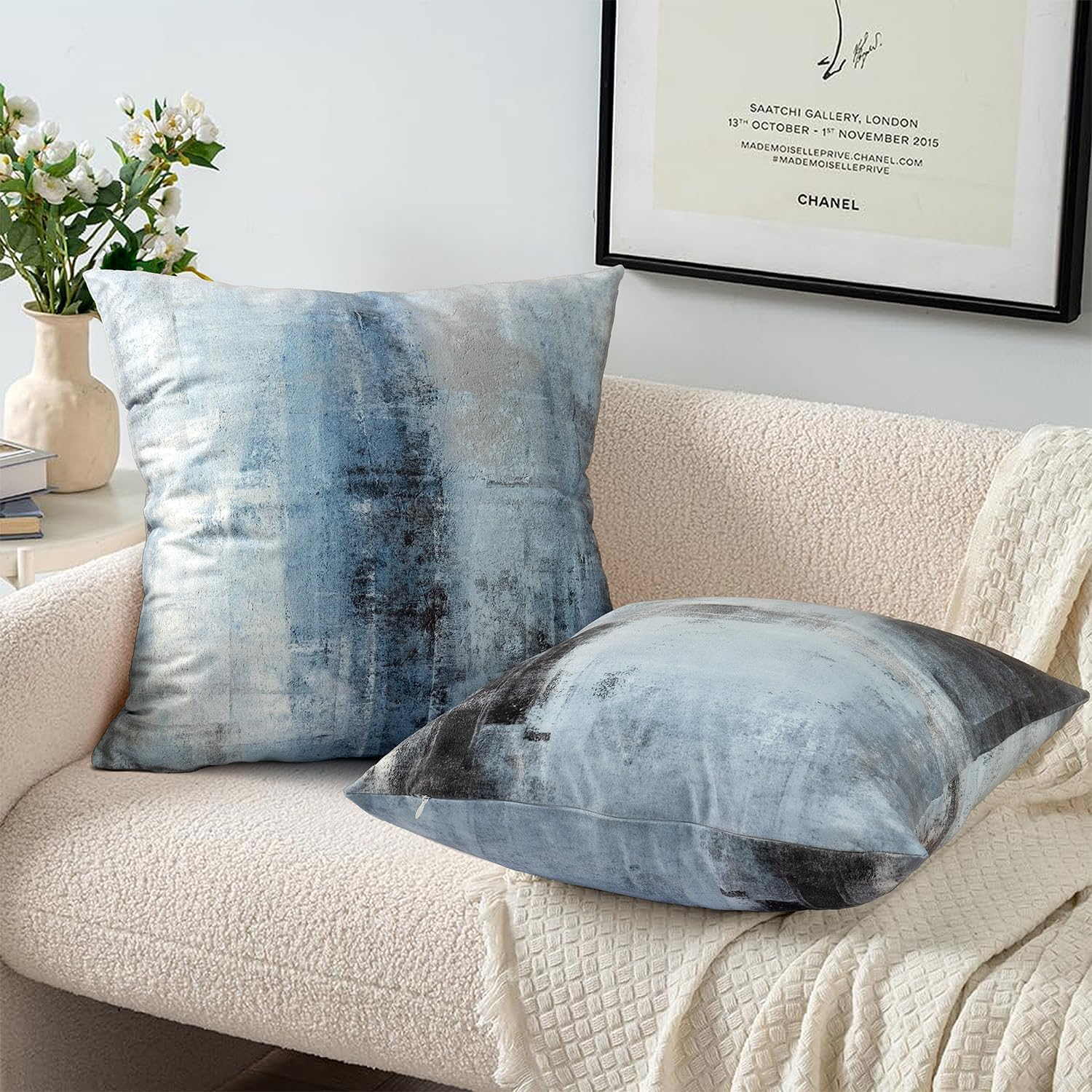 Abstract Blue and Gray Polyester Square Throw Pillow Set