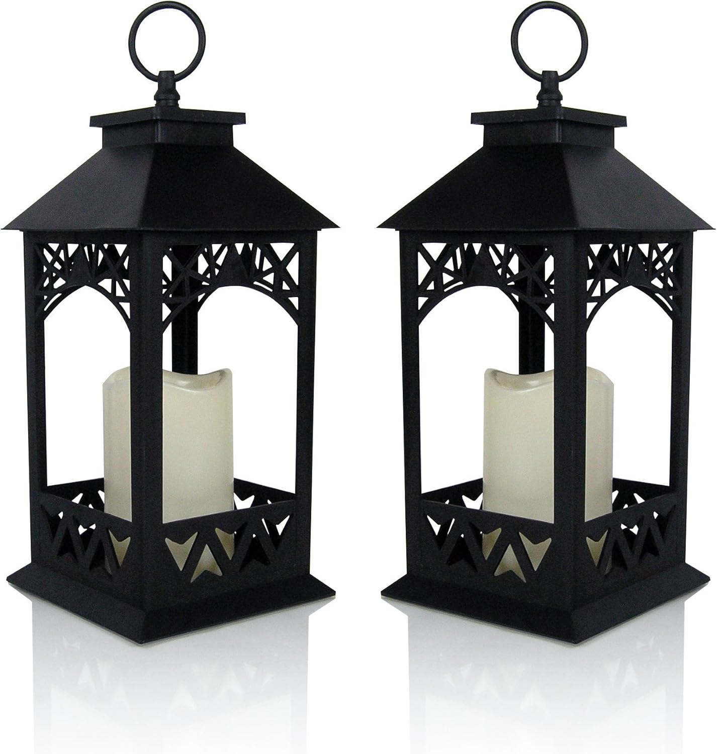 Black Lighted LED Lanterns with Lattice Design - Pillar Candle with 4 Hour Timer Included - Remote Control - Hanging or Sitting Decoration - Set of 2 - 13" H - 9605-2
