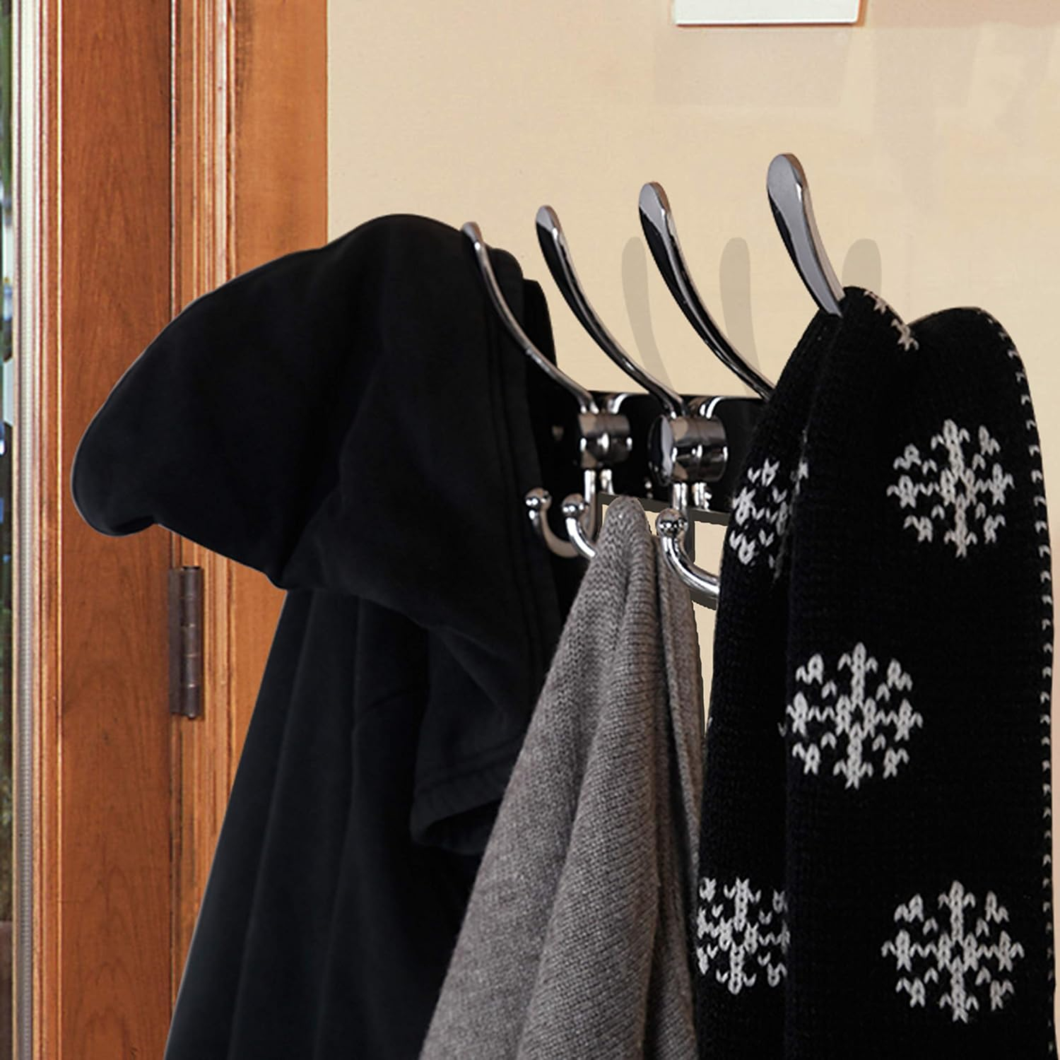 Dseap Wall Mounted Coat Rack - 5 Tri Hooks, Heavy Duty, Stainless Steel, Metal Coat Hook Rail for Coat Hat Towel Purse Robes Mudroom Bathroom Entryway (Chromed, 2 Packs)