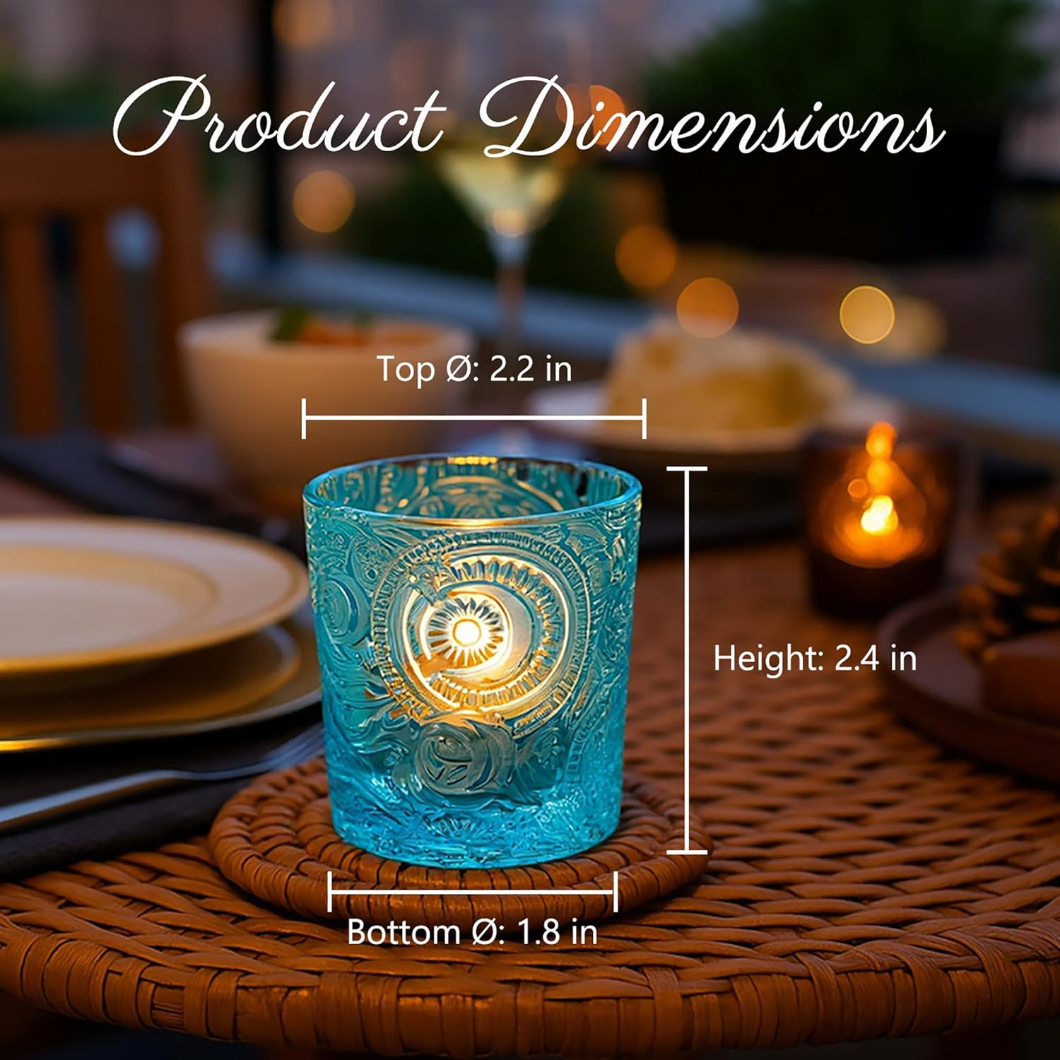 6 Pack Sun Moon Star Embossed Glass Tea Light Candle Holders - Votive Candle Holders for Wedding, Party, Home Decor, and Table Centerpieces (Aqua Blue)