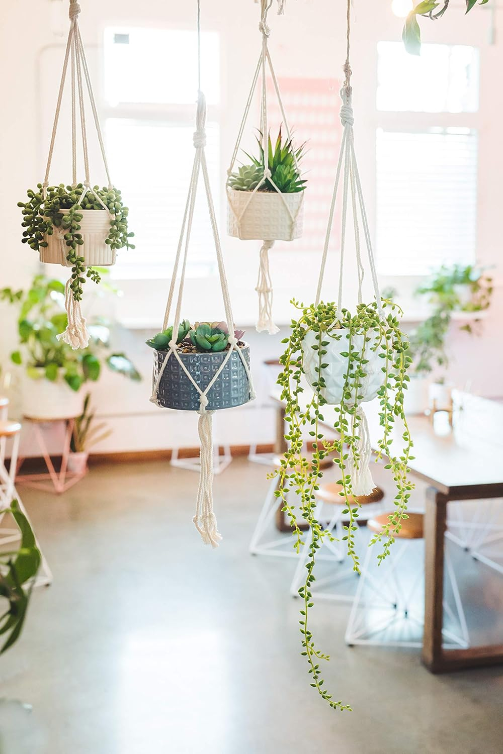32 in. Artificial String of Pearls in Macrame Hanging Ceramic Planter