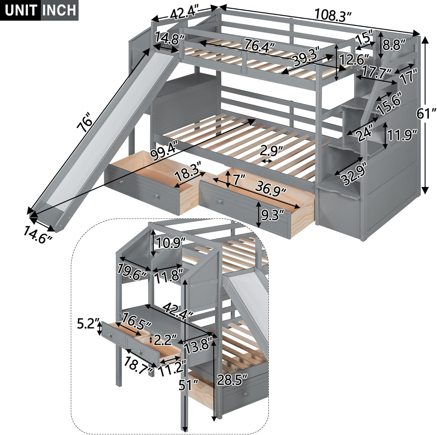 Bellemave Bunk Bed with Desk, Stairs and Slide, Wood Twin Over Twin Bunk Beds with Storage Shelves, Drawers for Kids Teens Girls Boys (Grey)