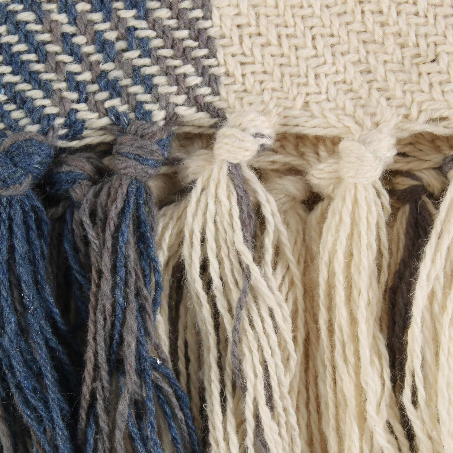 Farmhouse Beige and Blue Cotton Plaid Throw Blanket with Fringe