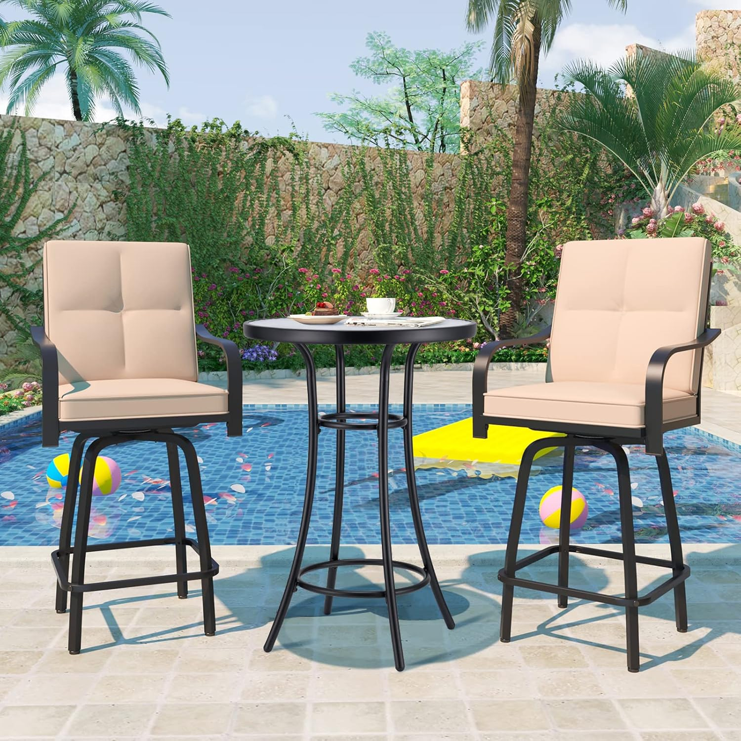 Bar Height Patio Glass Table, 2-Tier High Top Outdoor Metal All-Weather Round Bistro Table With Tempered Glass Top for Balcony Backyard Pool, Black