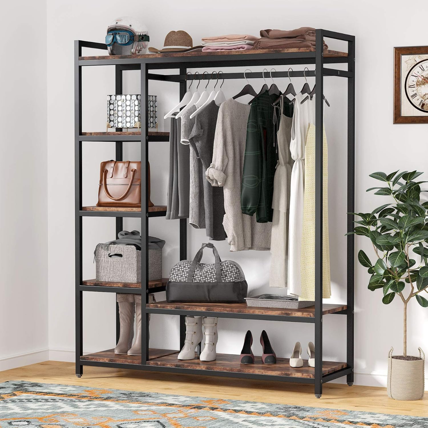 Tribesigns Free-standing Closet Organizer Garment Rack with 6 Storage Shelves and Hanging Bar