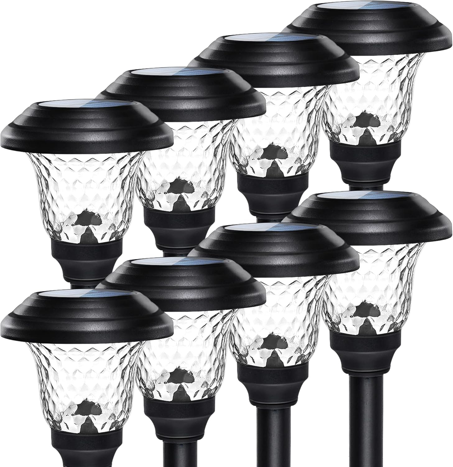 GIGALUMI Solar Garden Lights 8 Pack, Super Bright Solar Pathway Lights, Glass Stainless Steel Solar Lights Outdoor Waterproof, Auto On/Off Solar Powered Landscape Lights for Yard, Walkway (Black).