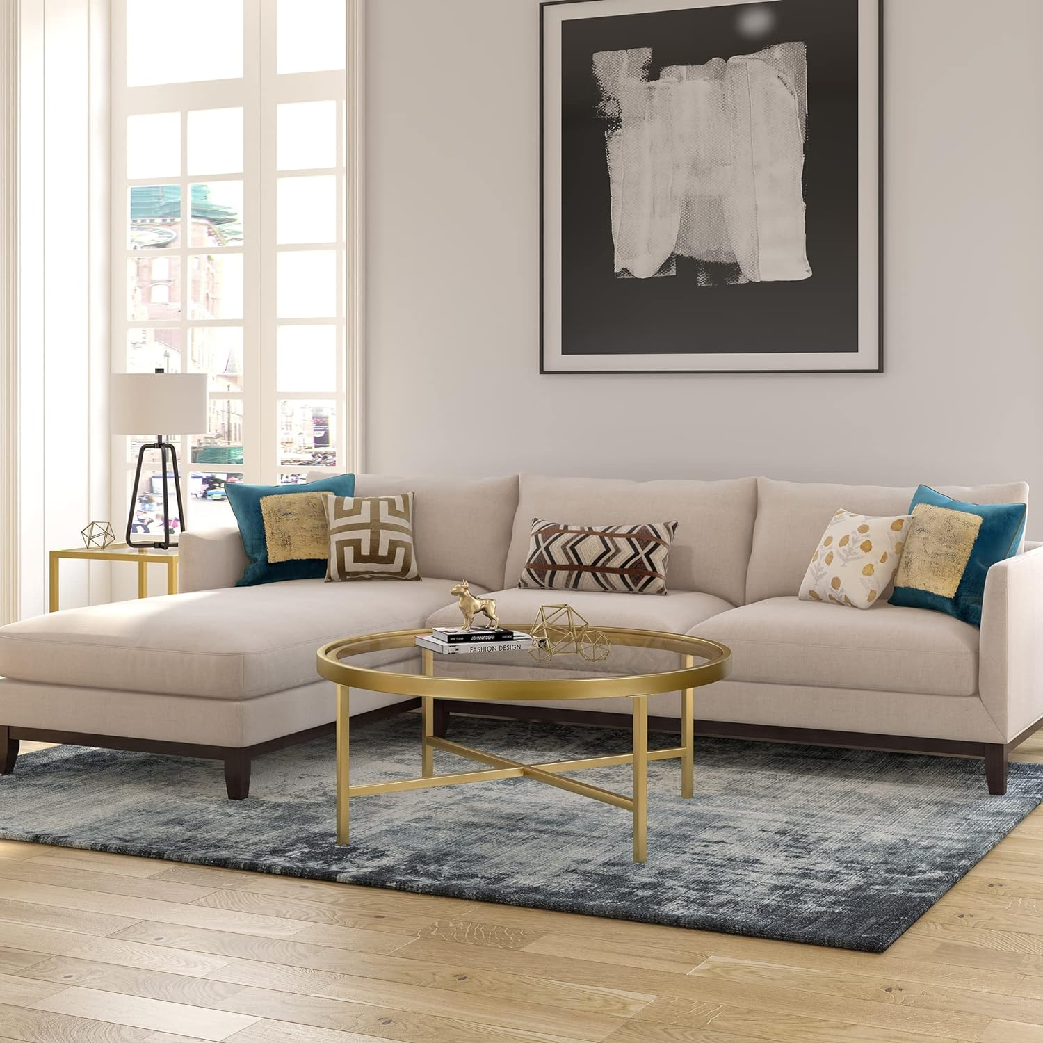 Evelyn&Zoe Round Metal Base Coffee Table in Brass and Gold