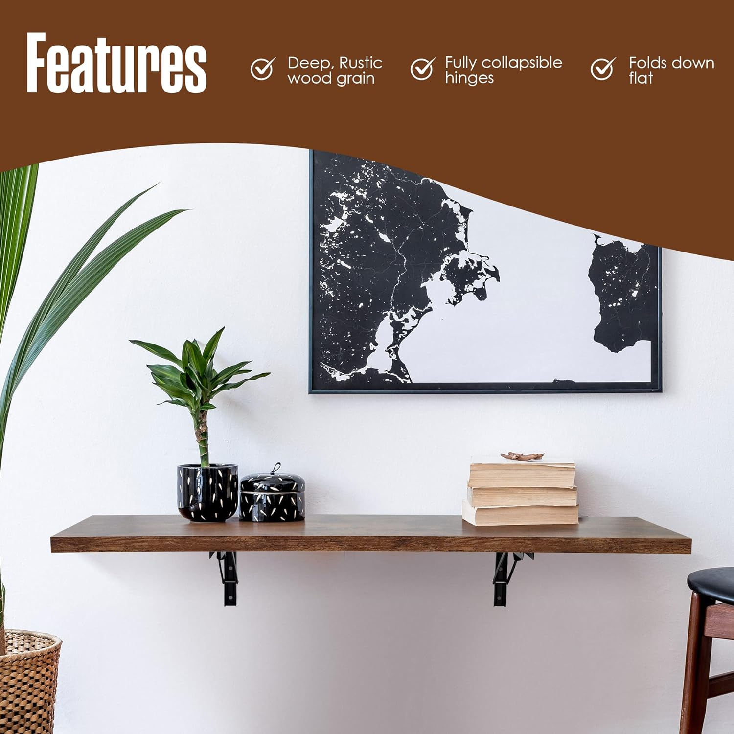 Houseables Wall Mounted Desk, Murphy Desk, Wall Mounted Folding Table, Laundry Folding Table, Fold Down Work Bench, Foldable Mount Station, Floating Bar, Hanging, Dining Room, Kitchen, 48 x 16, Brown