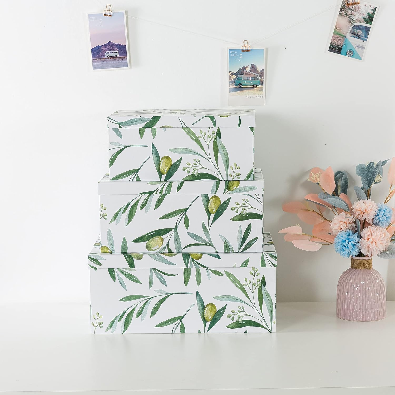 Soul & Lane Olive Branches Cardboard Boxes - Set of 3: Botanical Themed Wedding Favor Bins, Paperboard Photo Storage Box, Flower Decorative Storage Boxes with Lids, Green and White Gift Bins
