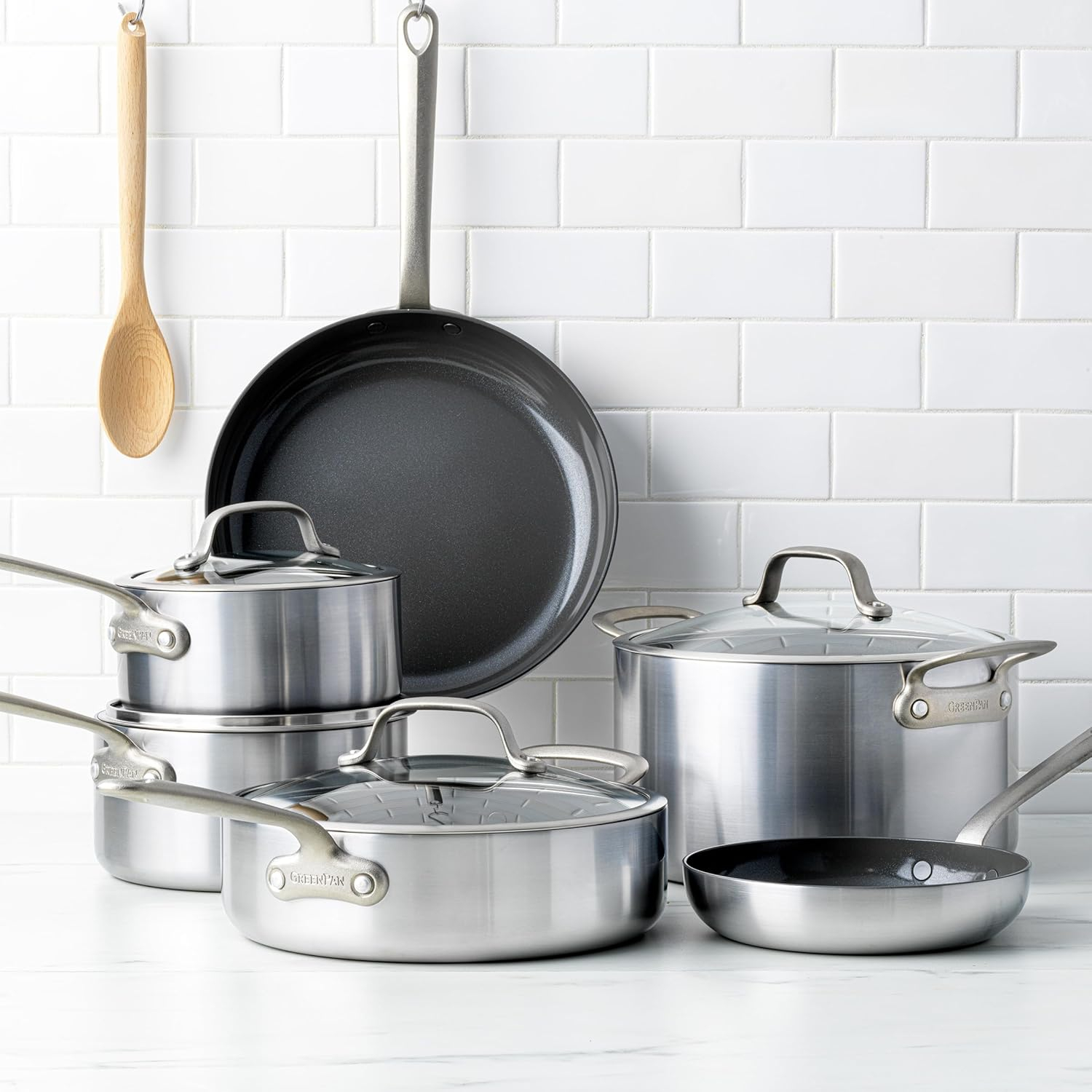GreenPan Craft Steel 10-Piece Cookware Set with Bonus Pan Protectors, Silver