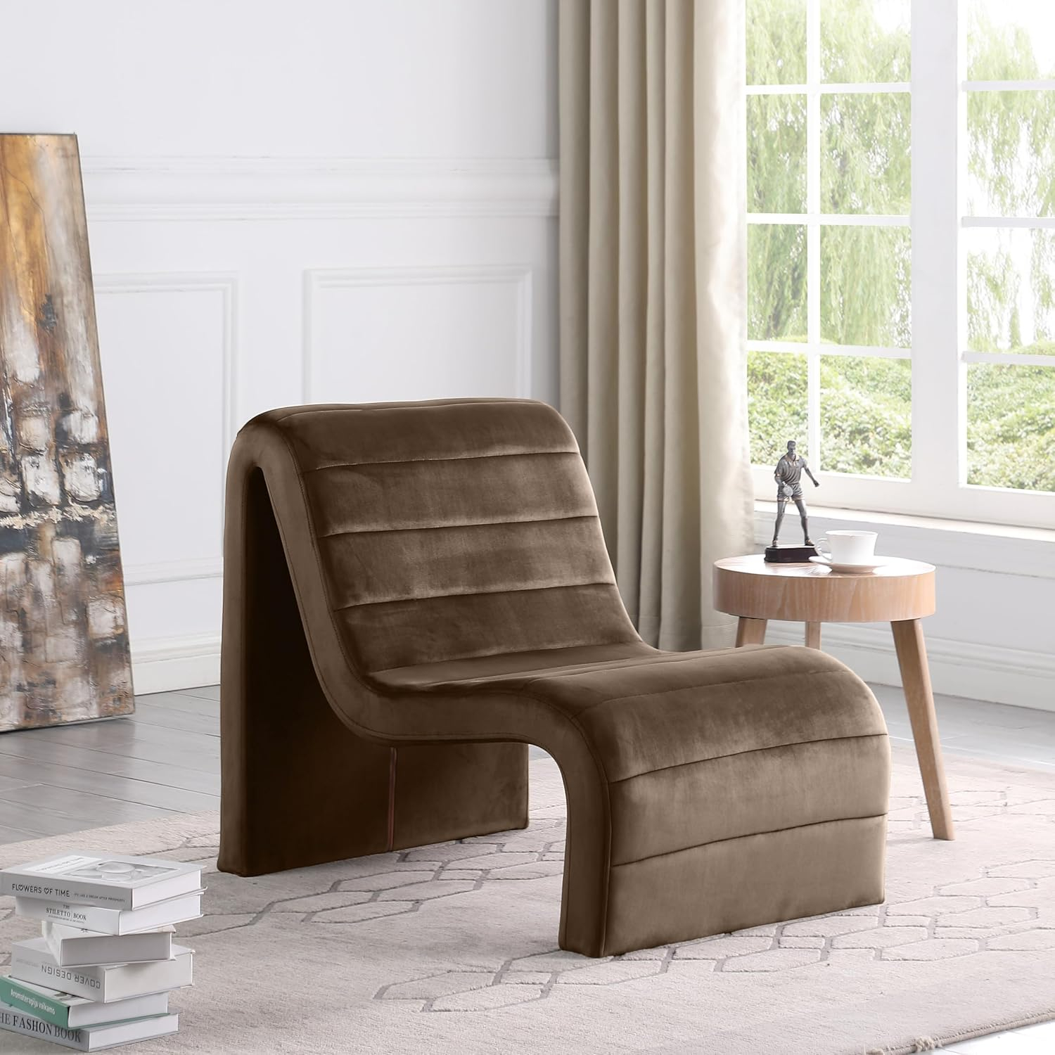 Meridian Furniture 403Brown Ivy Collection Modern | Contemporary Velvet Upholstered Accent Chair with Rich Brown Velvet, Channel Tufted Design, Curved Shape, 26.4" W x 37.4" D x 31.1" H, Brown