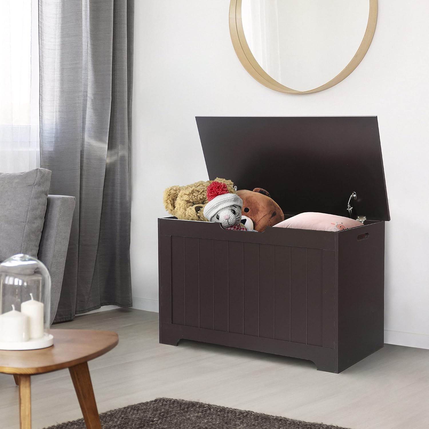 Toy Chest for Girls Boys Wooden Storage Box with Flip-top Lid & Safety Hinge, Kids Room Play Room Nursery Organizer, Bedroom Bench with 100L Storing Area, Brown