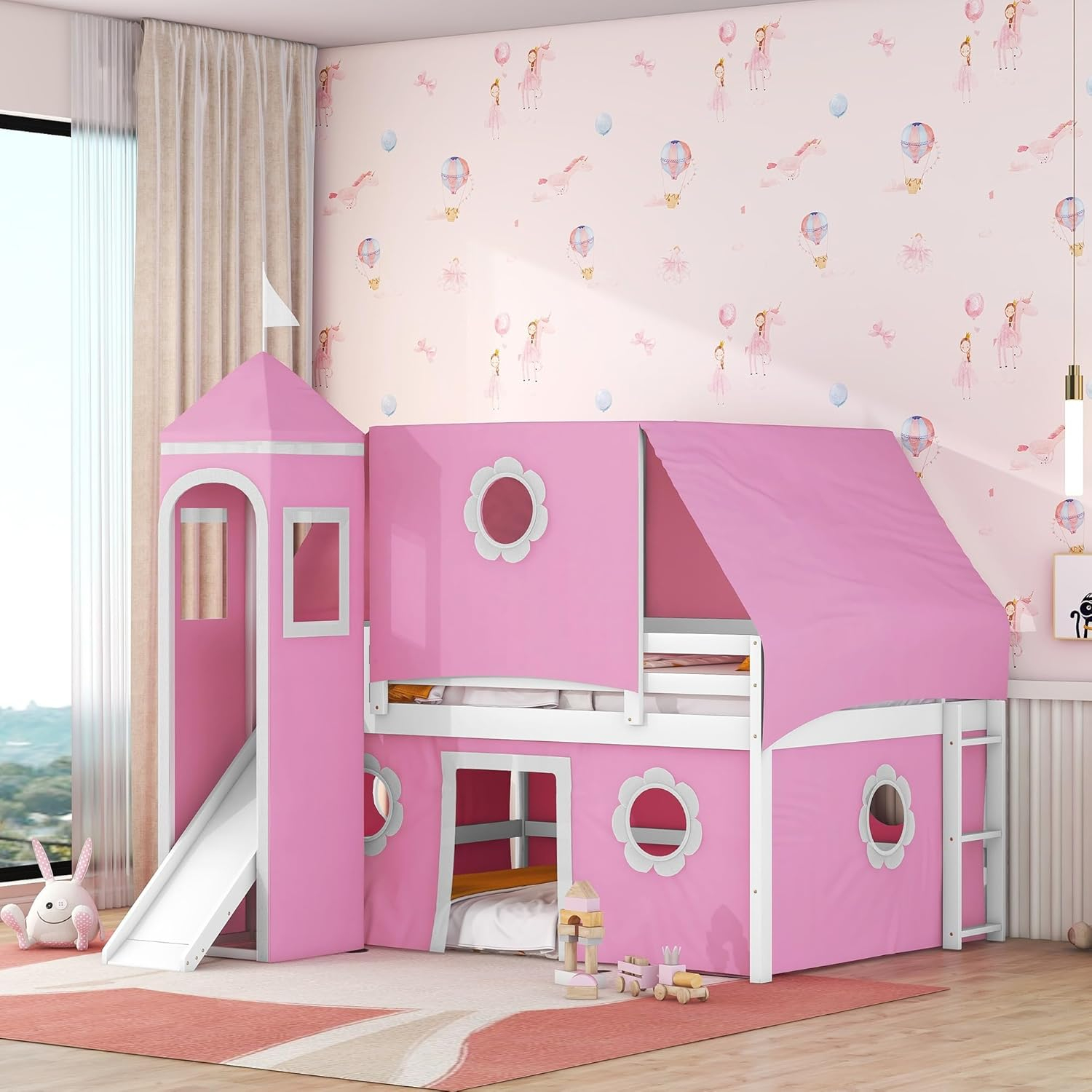 Polibi Full Size Castle Loft Bed with Slide & Pink Tent and Tower, Playhouse Design Spacious Under Bed Space with Curtains, Wood Tent Bed Frame for Kids Boys Girls
