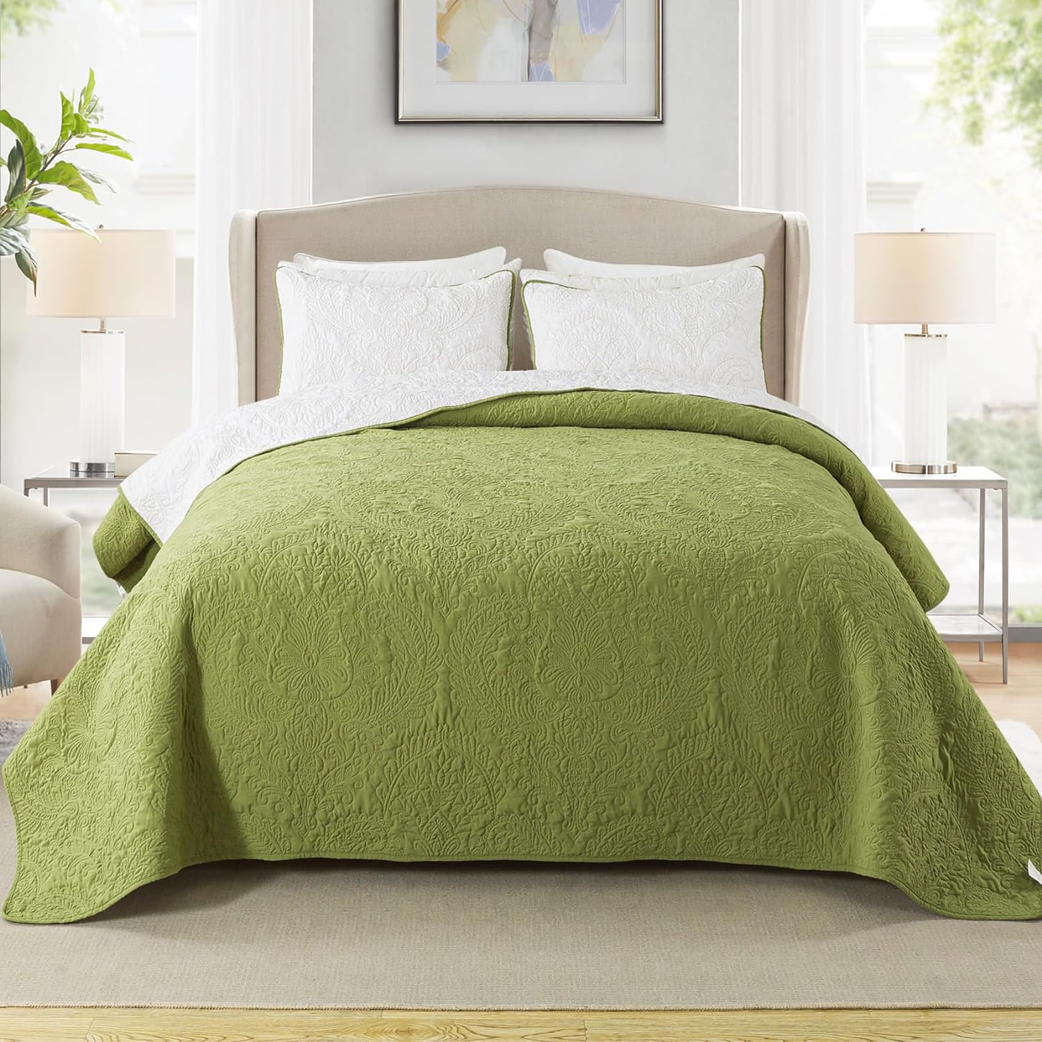 Travan Ultra Soft Fade Resistant Bedspread with 1 Quilt Set and 2 Shams, Queen Quilt Bedding Set for All Season, Curling Grass