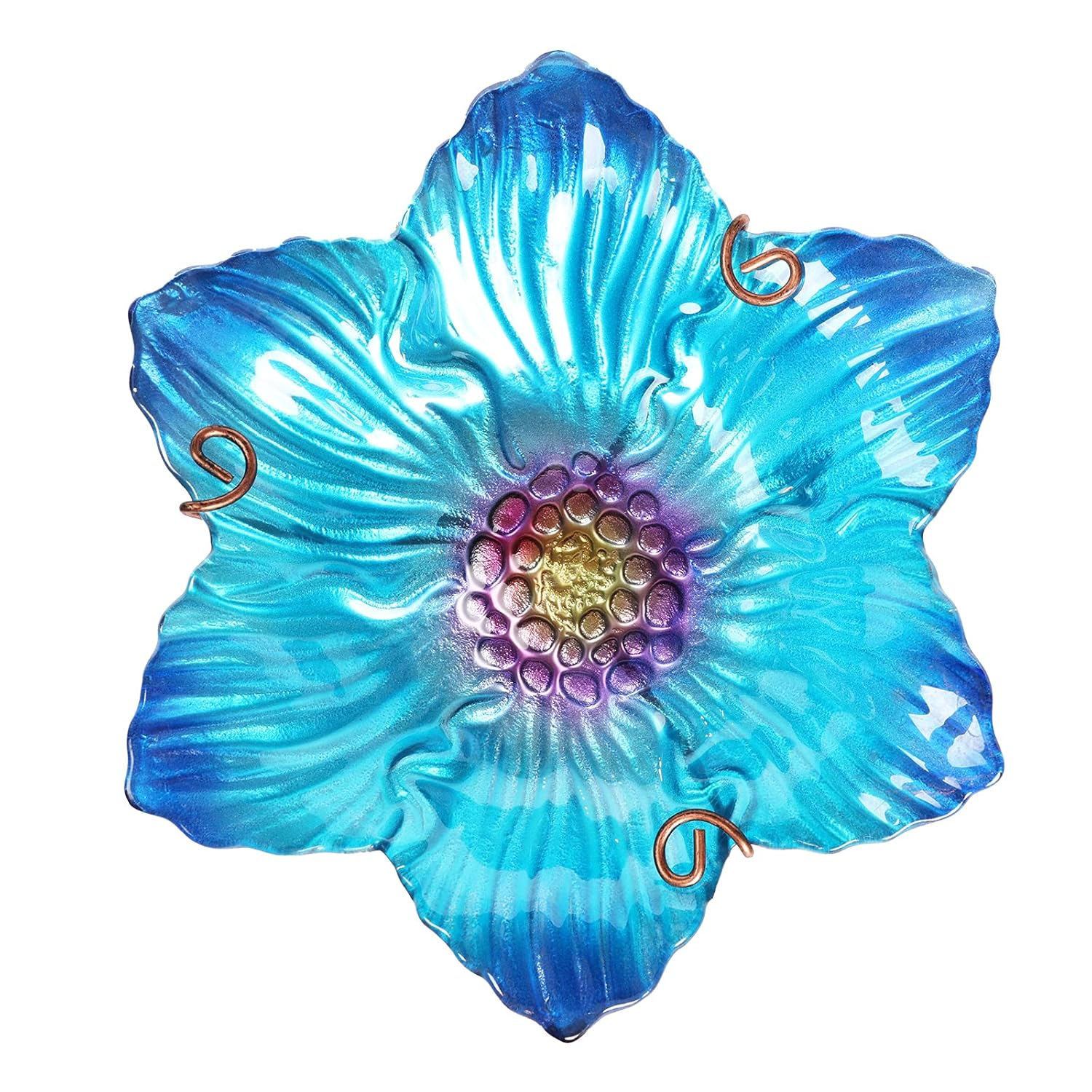 Outdoor Bird Bath Glass Birdbath Garden Birdfeeder with Metal Stake Blue(Height:26inch)