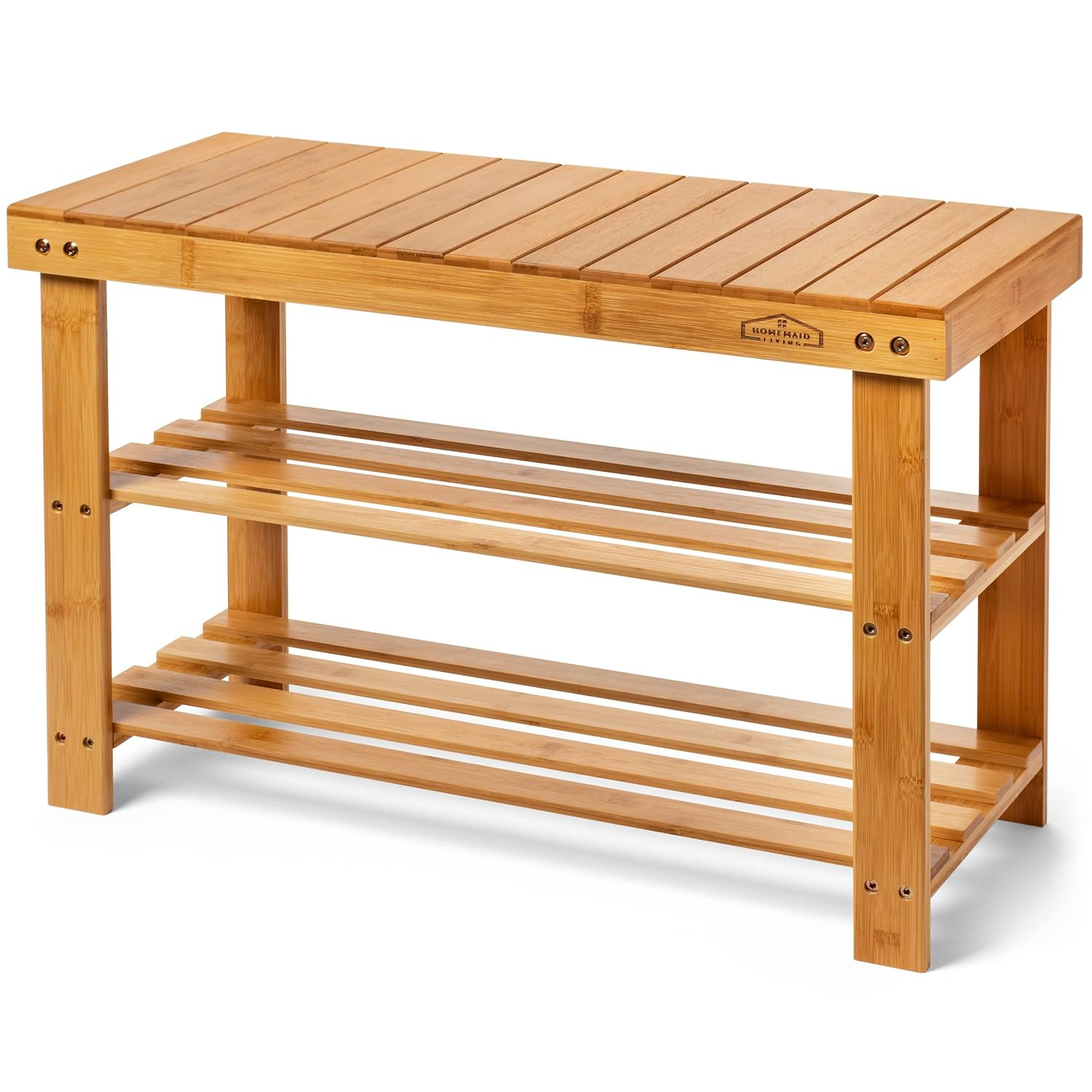 Homemaid Living Bamboo 3 Tier Shoe Rack Small Bench, Outdoor Shoe Rack Weatherproof - Shoe Rack with Bench, Bathroom Bench, Shoe Organizer for Entryway, Hallway, Living Room (Natural Bamboo)
