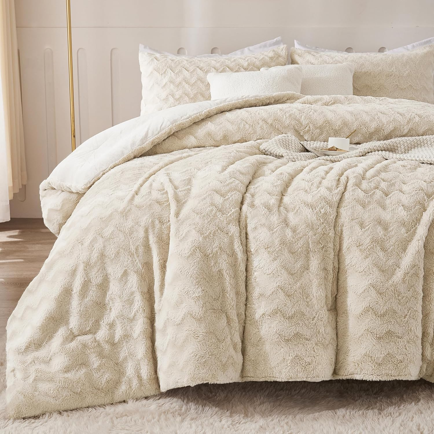 Andency Pink Faux Fur Comforter Set Full, 3 Pieces Fleece Fuzzy Shaggy Plush Sherpa Bedding Set for Women Girls, Fluffy Soft Warm Bed Set for Winter