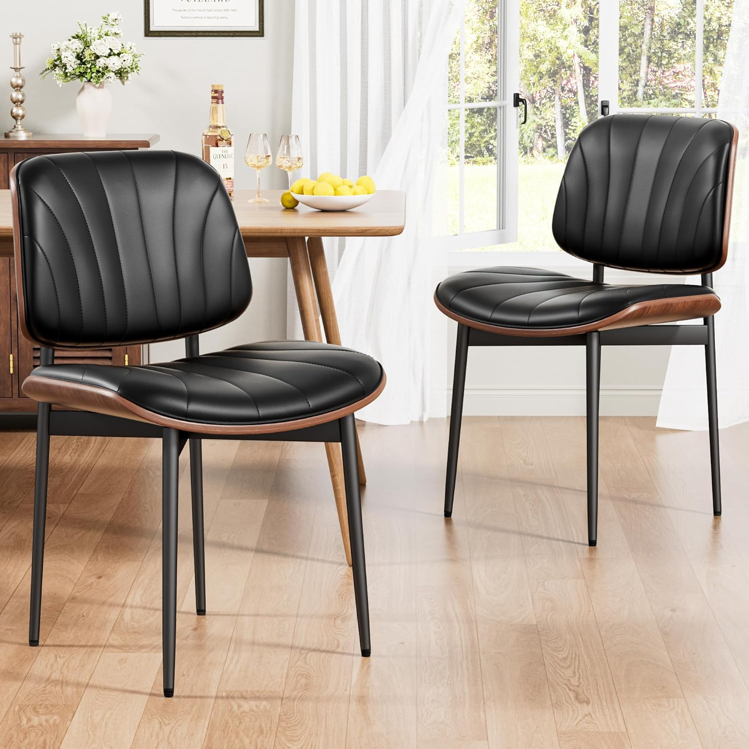 Dining Chairs Set of 2, Mid Century Modern Retro Faux Leather Chair with Walnut Bentwood Back, Upholstered Seat Metal Legs & Adjustable Foot for Kitchen Dining Room Chairs(Black PU)