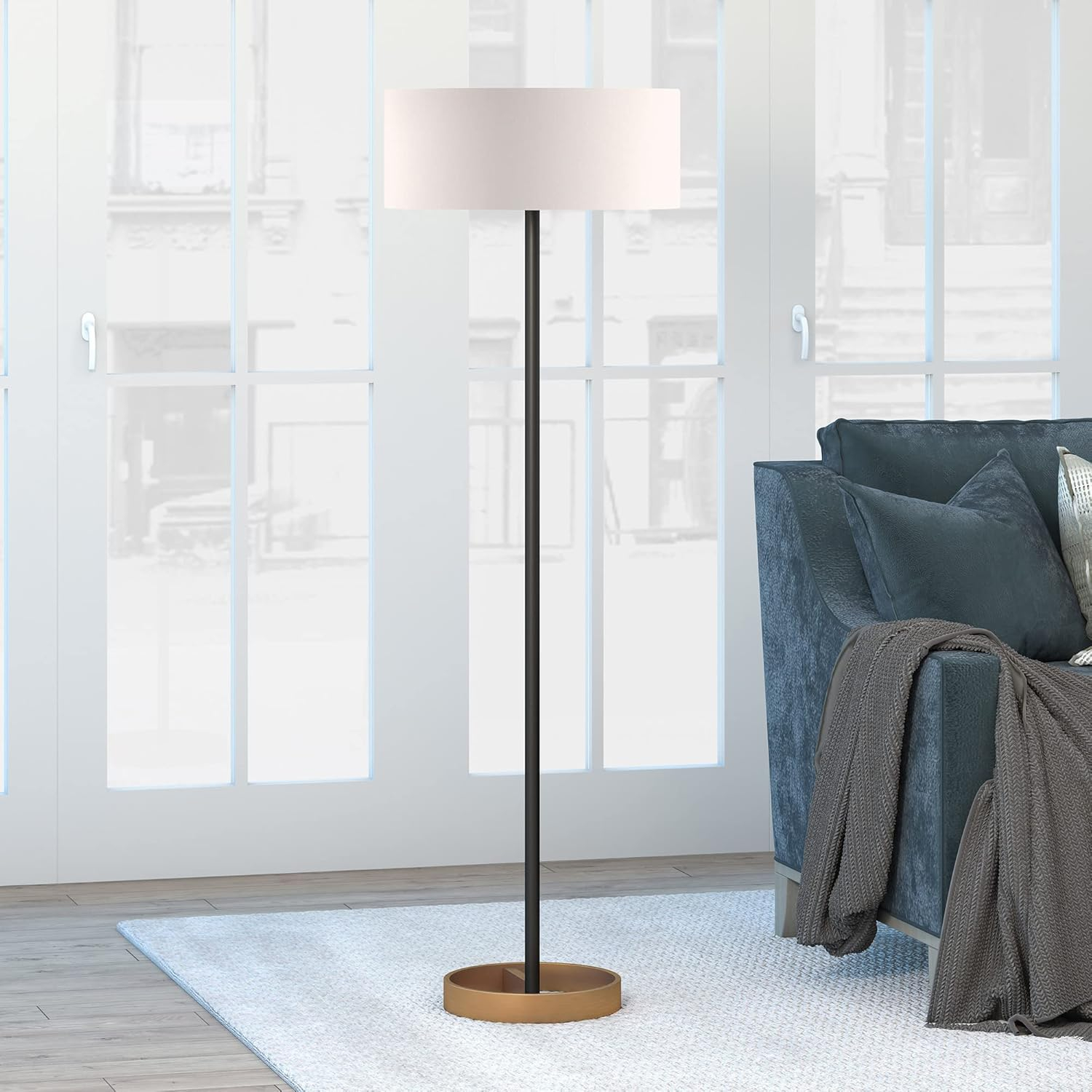 Henn&Hart 20" Matte Black/Brass Metal/Fabric Floor Lamp