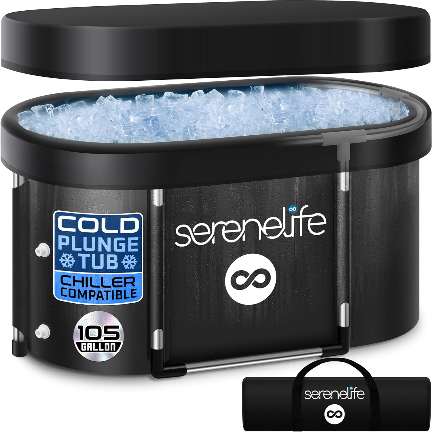 SereneLife 105 Gallon Insulated Oval Ice Bath Tub for Athletes, One Person Cold Plunge Therapy Recovery Pod for Recovery, Multi Layered with Aluminum Frame, Portable for Indoor Outdoor, Home, Gym Use