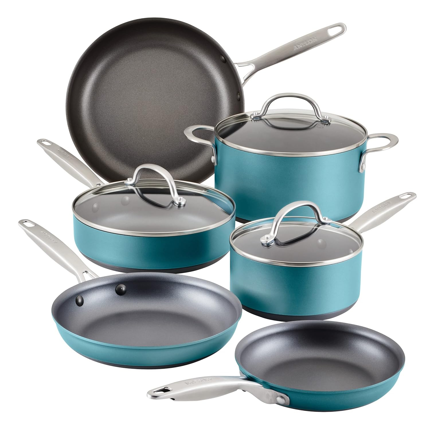 Teal Nonstick Aluminum Cookware Set with Stainless Steel Handles, 9-Piece