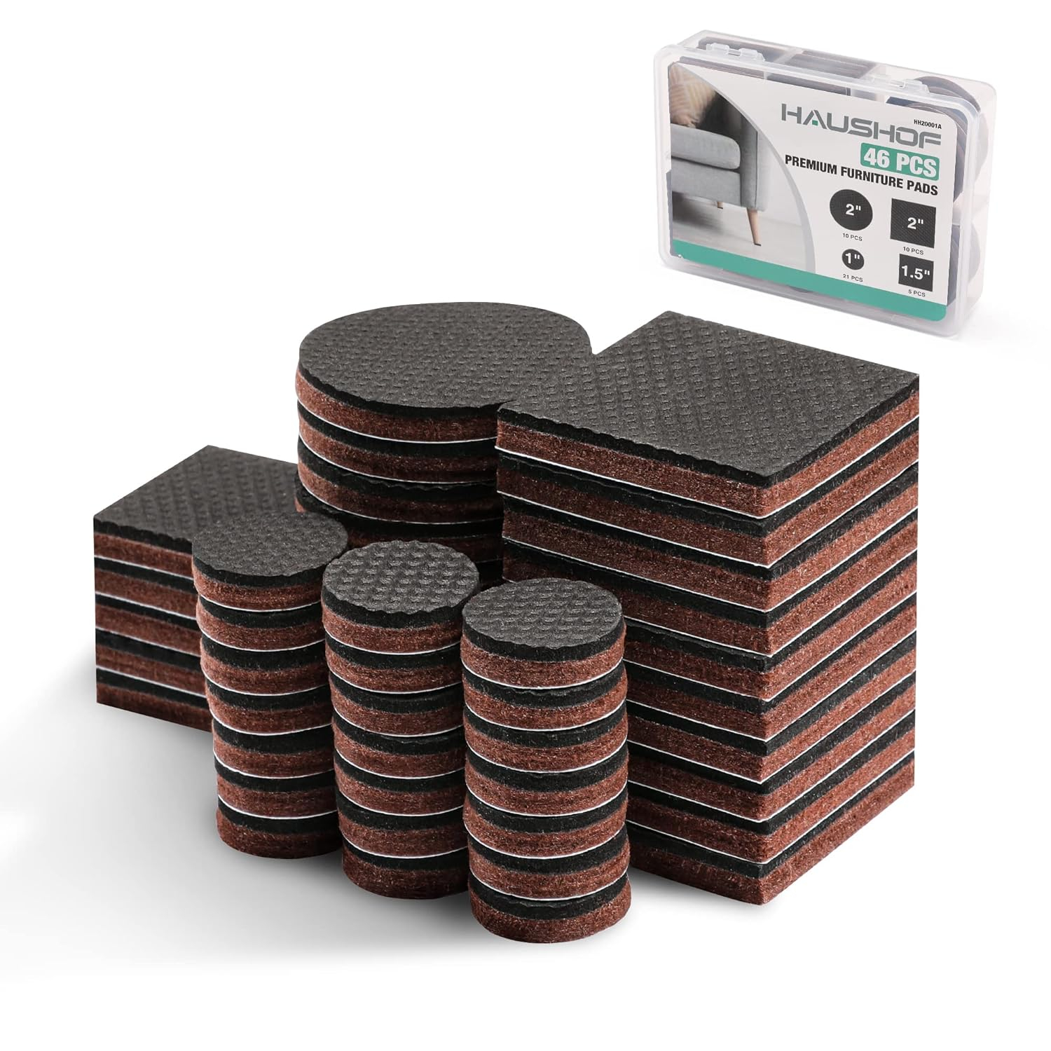 HAUSHOF 46-Piece Felt Furniture Pads, No Slip Furniture Pads Floor Protectors for Hardwood & Laminate Floors, Includes 2''(20pcs), 1.5''(5pcs), 1''(21pcs), Self-Adhesive, Anti-Scratch, Brown