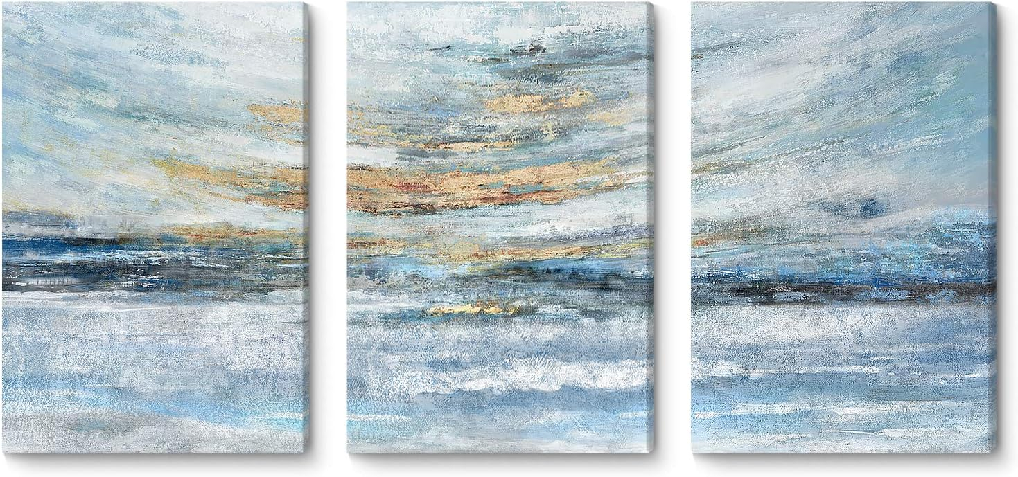 Abstract Coastal Sunrise Landscape Canvas Print in Blue and Gold