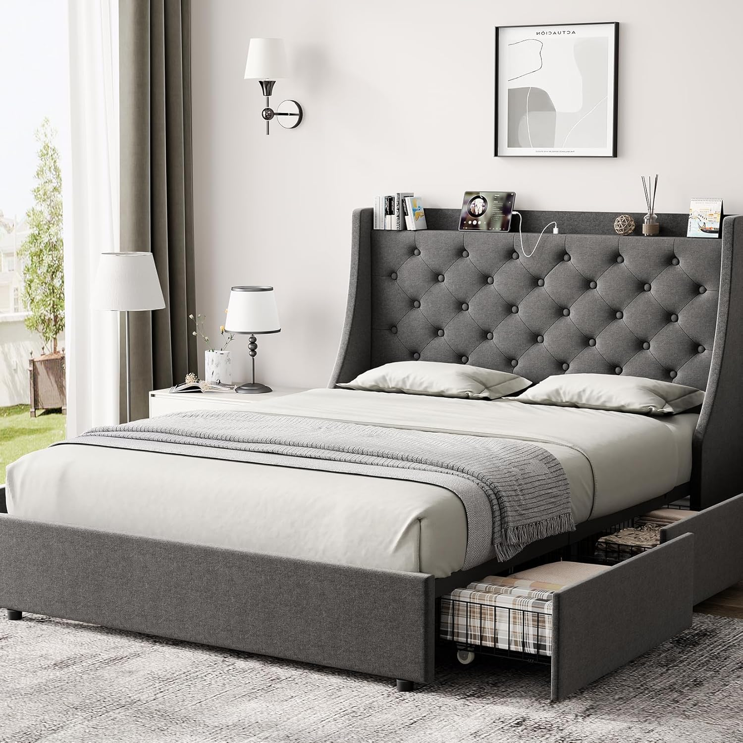Huloretions Queen Bed Frame With Charging Station,Platform Bed With 4 Storage Drawers,Upholstered Wingback Headboard And Storage Shelf,No Box Spring Needed Easy Assembly