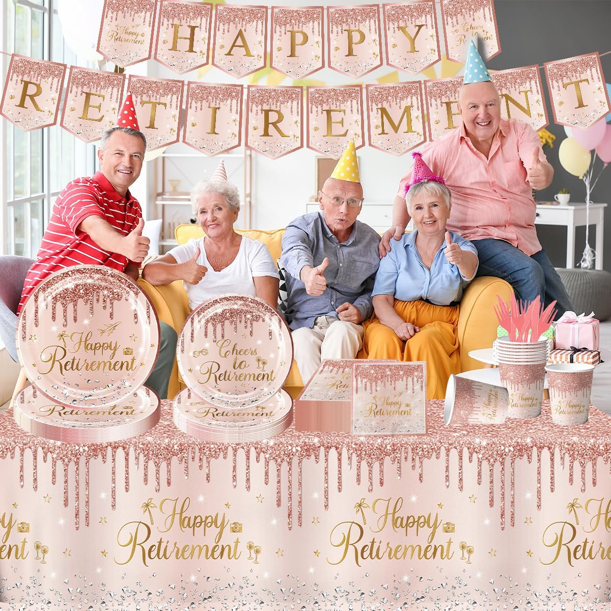 142pcs Rose Gold Retirement Party Decorations for Women, Happy Retirement Disposable Plates Napkins Cups Tablecloth Banner Cutlery for Retired Party Supplies