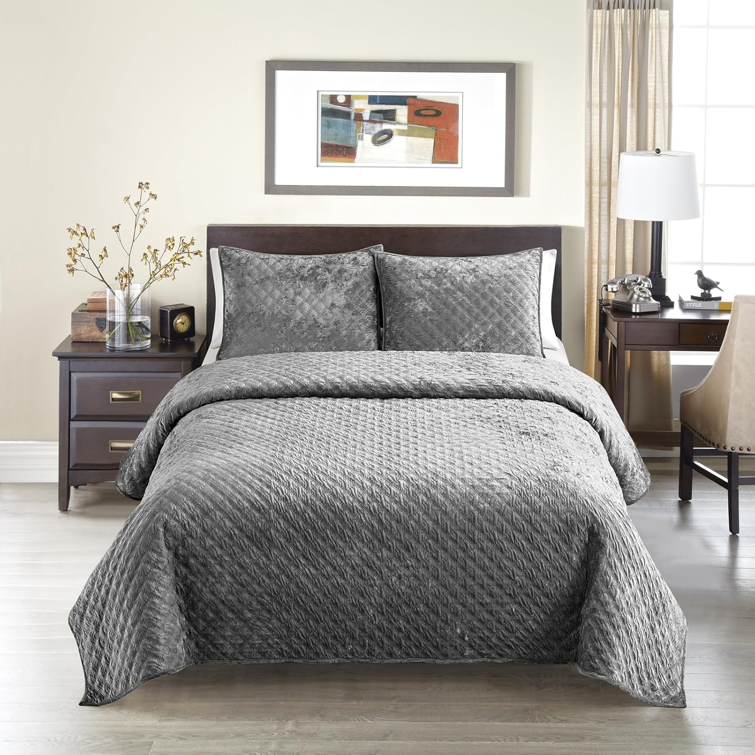 Chezmoi Collection Nina 3-Piece Modern Diamond Pattern Solid Velvet Quilt Set