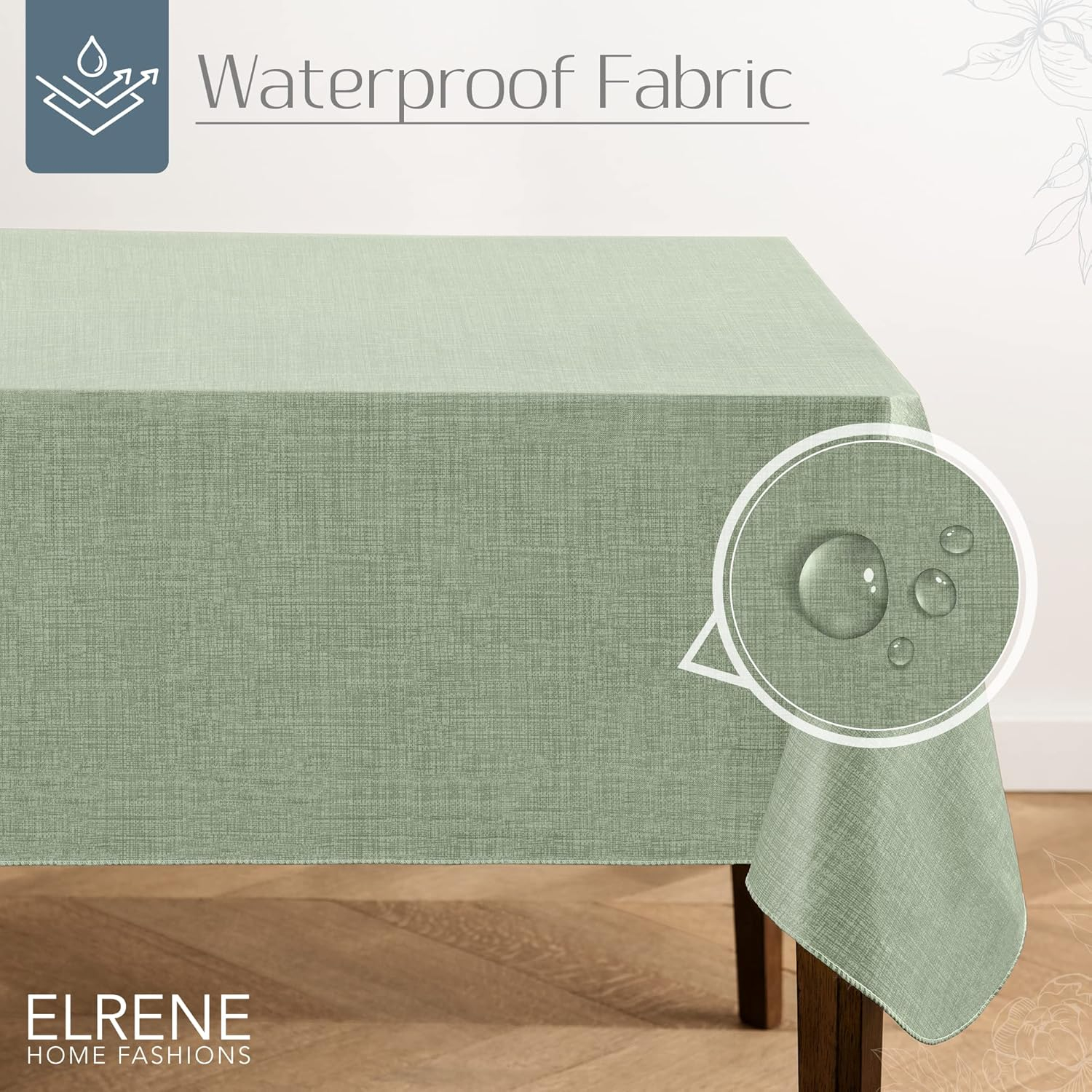 Elrene Home Fashions Monterey Linen Inspired Water- and Stain-Resistant Vinyl Tablecloth with Flannel Backing, 52 inches X 70 inches, Rectangle, Sage