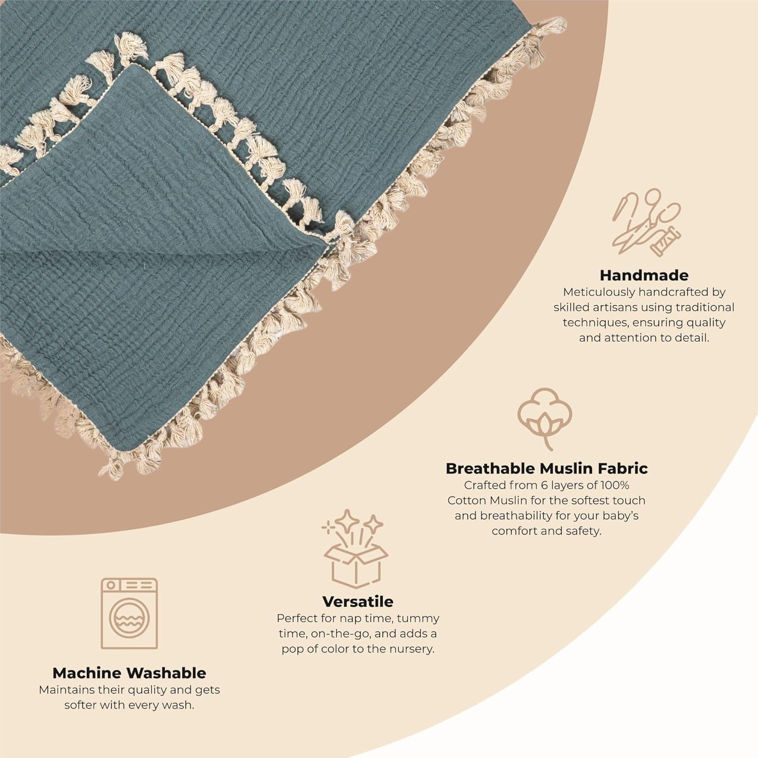 Riverstone Blue Cotton Muslin Baby Blanket with Fringe Trim