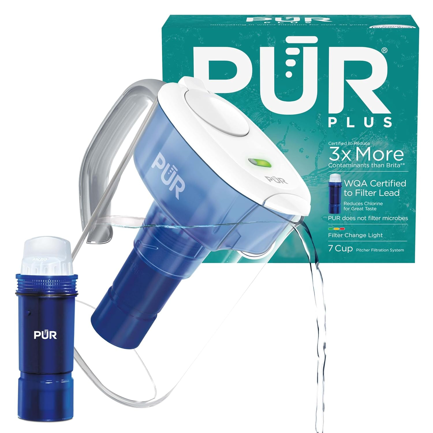 PUR PLUS 7 Cup Water Pitcher with Lead Reducing Filter, White, W 9.6" x H 10.1" x L 4.5", PPT711W